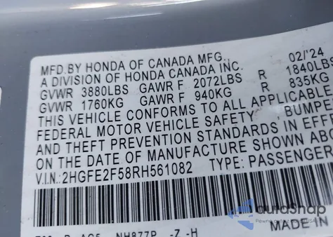 2024 Honda Civic Sport из США, поврежденный, VIN 2HGFE2F58RH561082